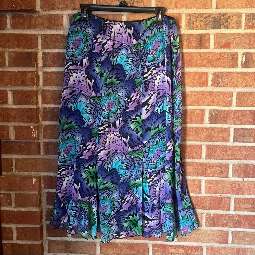 Kim Rogers Women Petite L Flowy Floral Butterfly Skirt Lined Blue Purple Pull-on